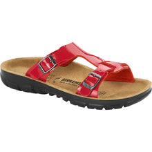 Birkenstock Sofia BF-Sandale mit zwei roten Birko-Flor Riemen und Metallschnallen