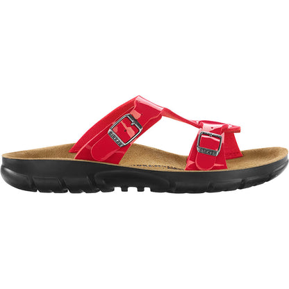 Birkenstock Sofia BF-Sandale mit zwei roten Riemen und zwei Metallschnallen