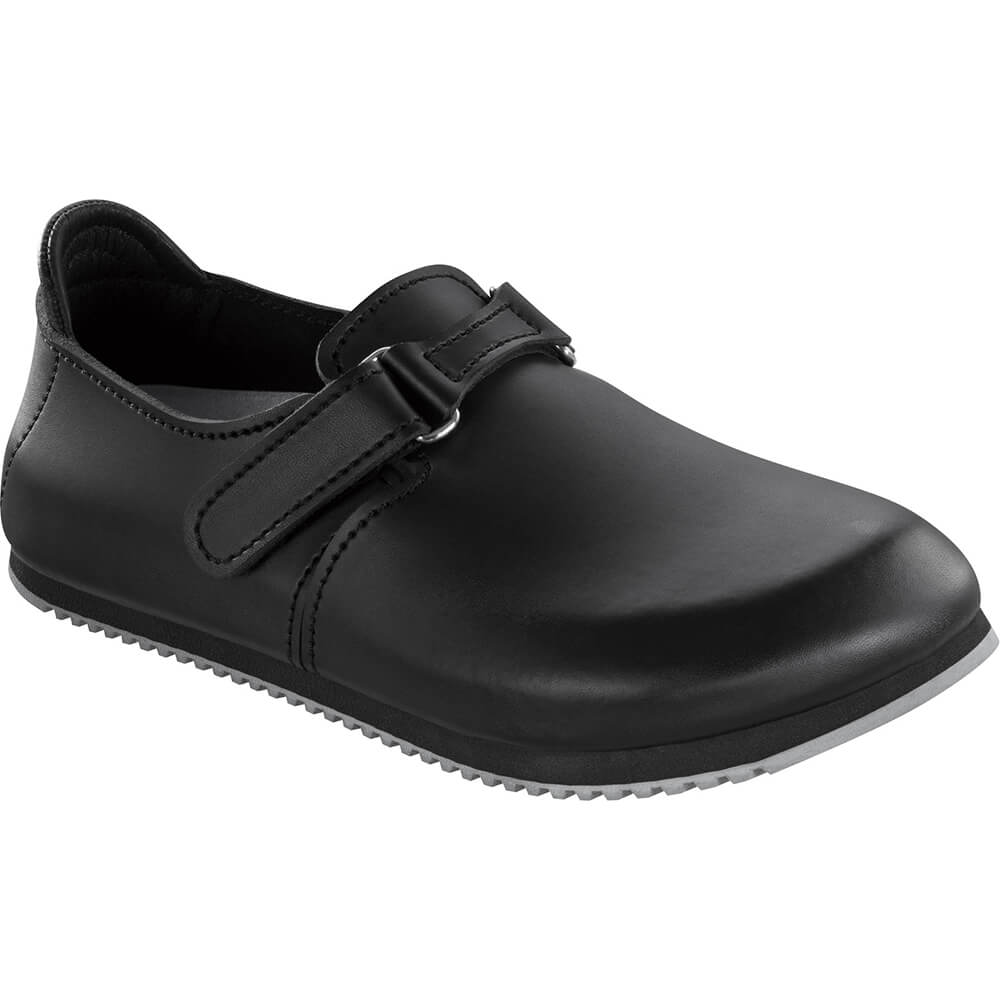 Schwarzer Birkenstock-Schuh mit Klettverschluss und profilierter Superlaufsohle.