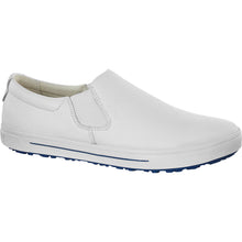 Weiße Slip-on-Lederschuhe mit seitlichem Einsatz und dunkelblauer Naht an der Sohle.