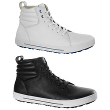 Weißer Hochschaftschuh aus Naturleder, Schnürung mit blauen Ösen und gepolsterter Zunge