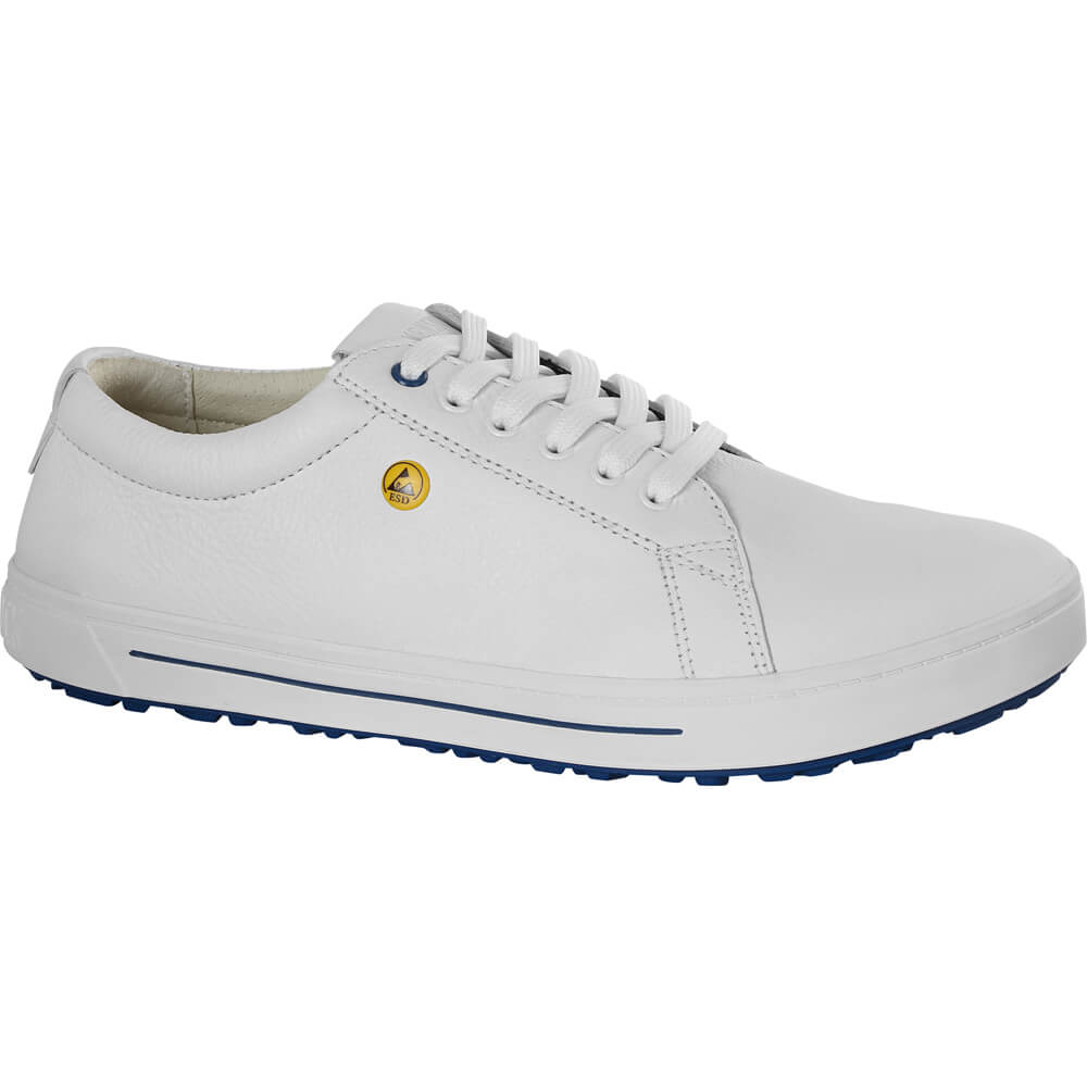 Birkenstock ESD-Sneaker in Weiß, Schnürung, blaues Detail, profilierte Sohle
