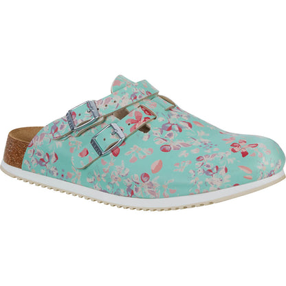 Birkenstock Clog Türkis mit Blumenprint, zwei Gurt-Schnallen mit Metallösen