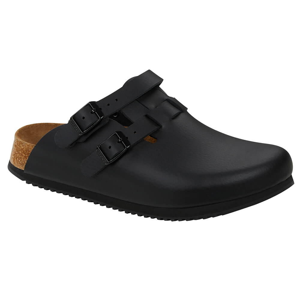Birkenstock Kay SL Clog aus schwarzem Leder mit zwei Schnallen und Riemen