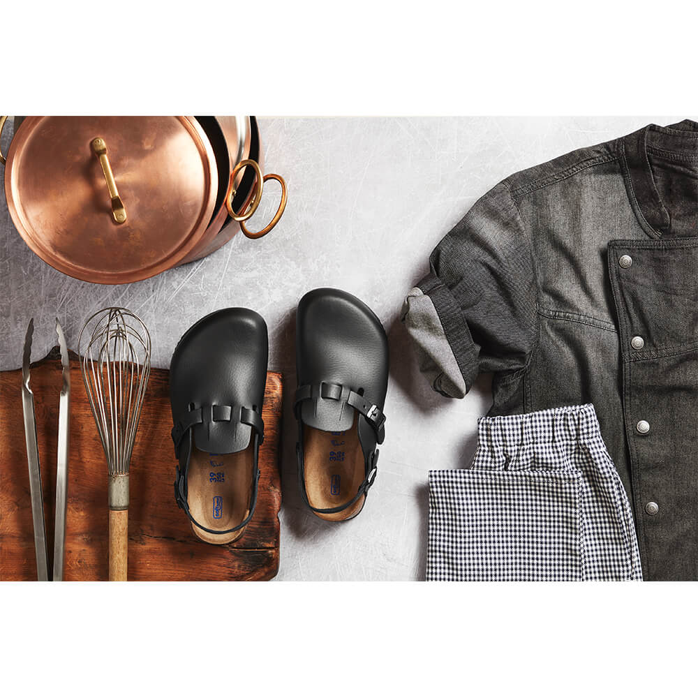 Paar Birkenstock Kay SL Clogs: schwarze Lederschuhe mit zwei Schnallen