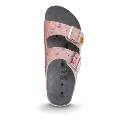 Birkenstock Arizona ESD Pantolette Ansicht von vorn, zwei verstellbare Schnallen, Blumenmuster