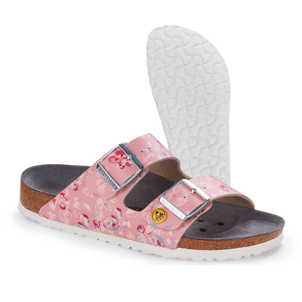 Birkenstock Arizona ESD Pantolette mit zwei Riemen und Schnallen, florales Rosenmuster