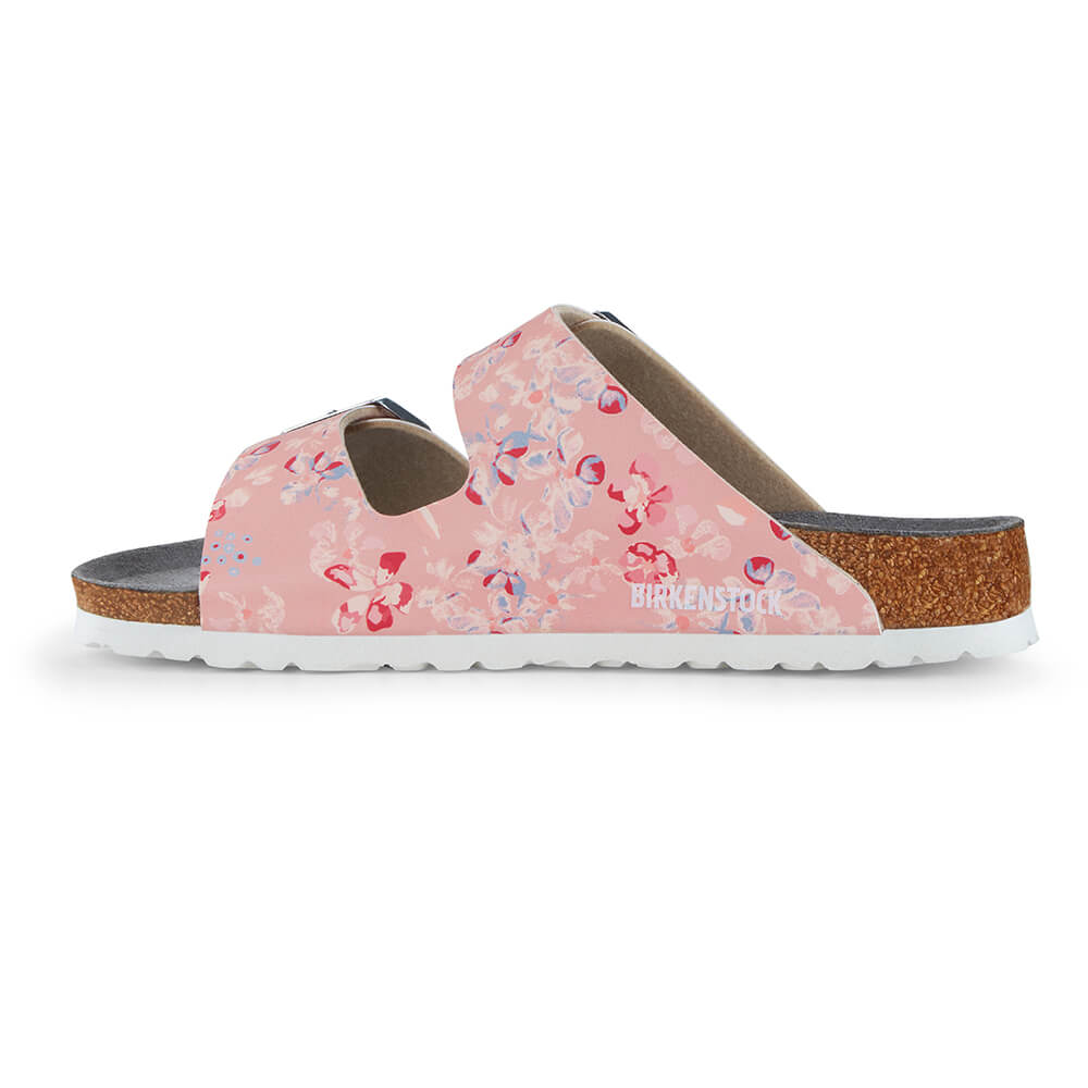 Birkenstock Arizona ESD Pantolette Seitenansicht, Blumenwiese Rose, schmaler Leisten