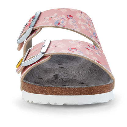 Birkenstock Arizona ESD Pantolette Detailansicht vorn, floraler Roseprint, zwei Metall-Schnallen