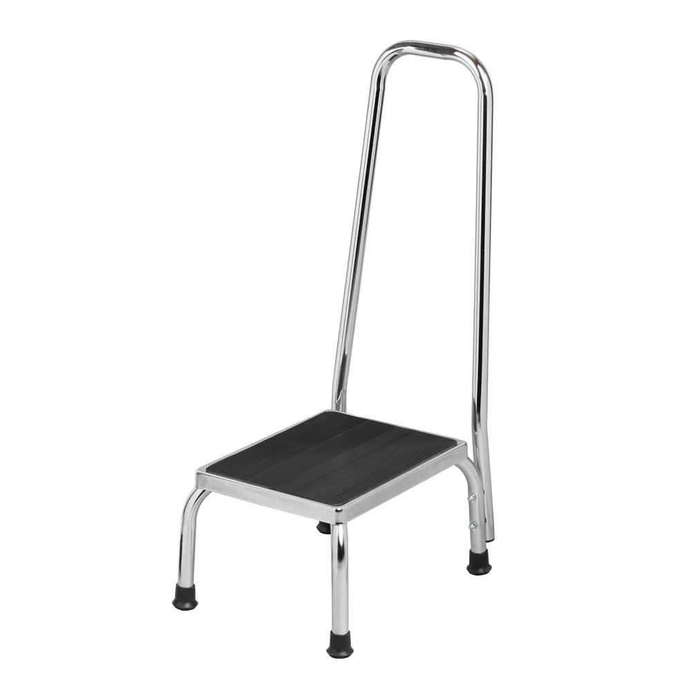 Trittstufe mit Haltegriff, schwarze Gummiplatte, verchromtes Metallgestell