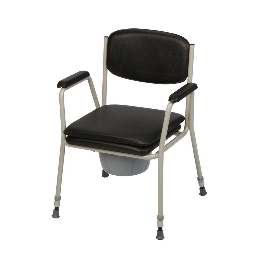 Höhenverstellbarer Toilettenstuhl mit schwarzem Sitz- und Rückenpolster, mit Eimer