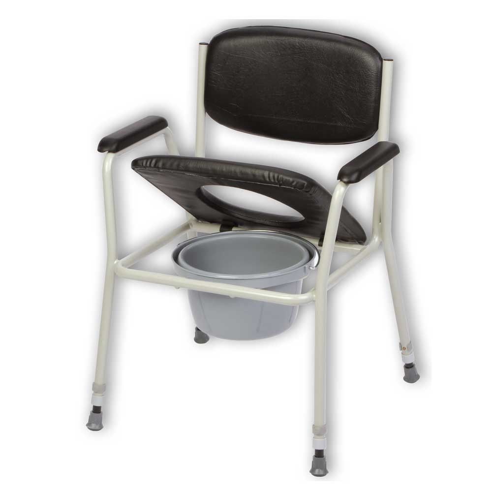 Höhenverstellbarer Toilettenstuhl mit Abdeckplatte und montiertem Eimer, schwarze Polster