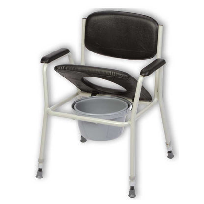 Höhenverstellbarer Toilettenstuhl mit Abdeckplatte und montiertem Eimer, schwarze Polster