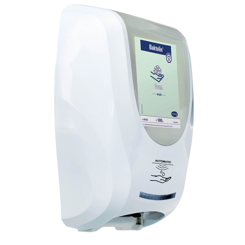 Baktolin® Schaumseifen-Spender für CleanSafe, weißer Automat mit blauer Bedruckung