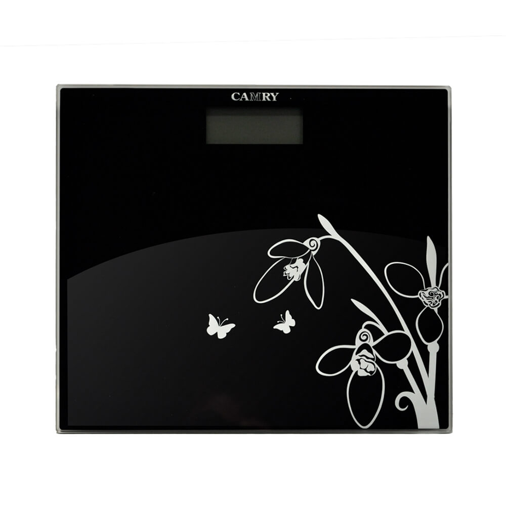 Personenwaage aus schwarzem Glas mit Blumenmuster, Display und Schmetterlingen