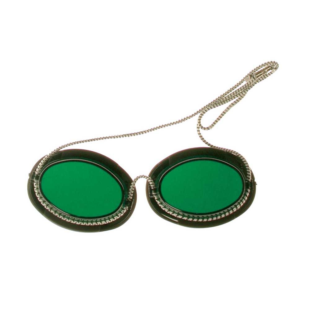 Höhensonnenbrille mit grünen Gläsern, dunklem Rand und Kordelband