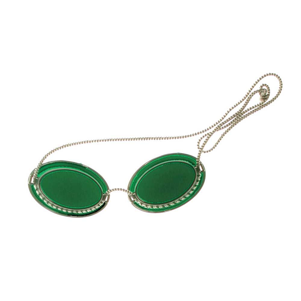 Höhensonnenbrille mit grünen Gläsern und Kordelband, dunkel gerahmt