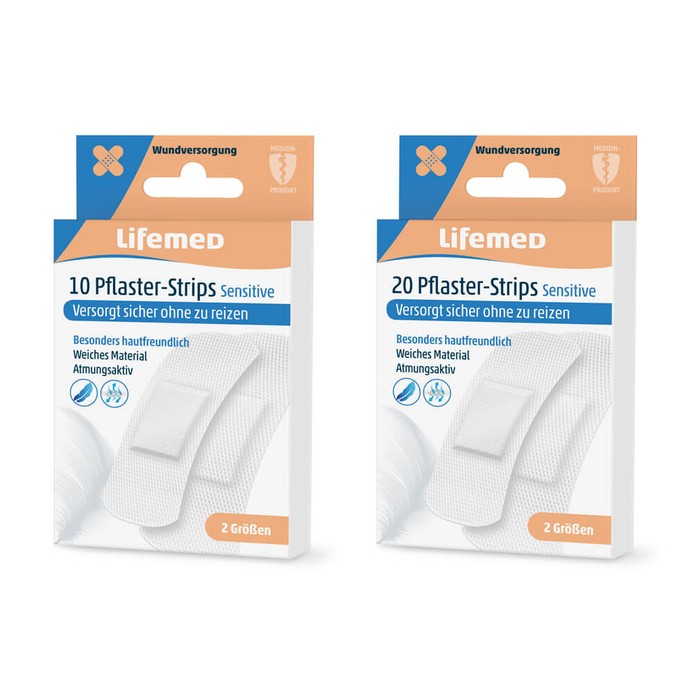 Pflasterstrips Sensitive von Lifemed®: Packung für 10 und 20 Stück, weiß