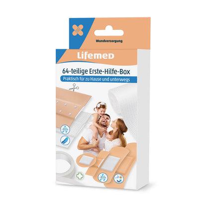 Erste-Hilfe-Box Lifemed® 64-teilig in orange-brauner Verpackung mit Ausstanzgriff