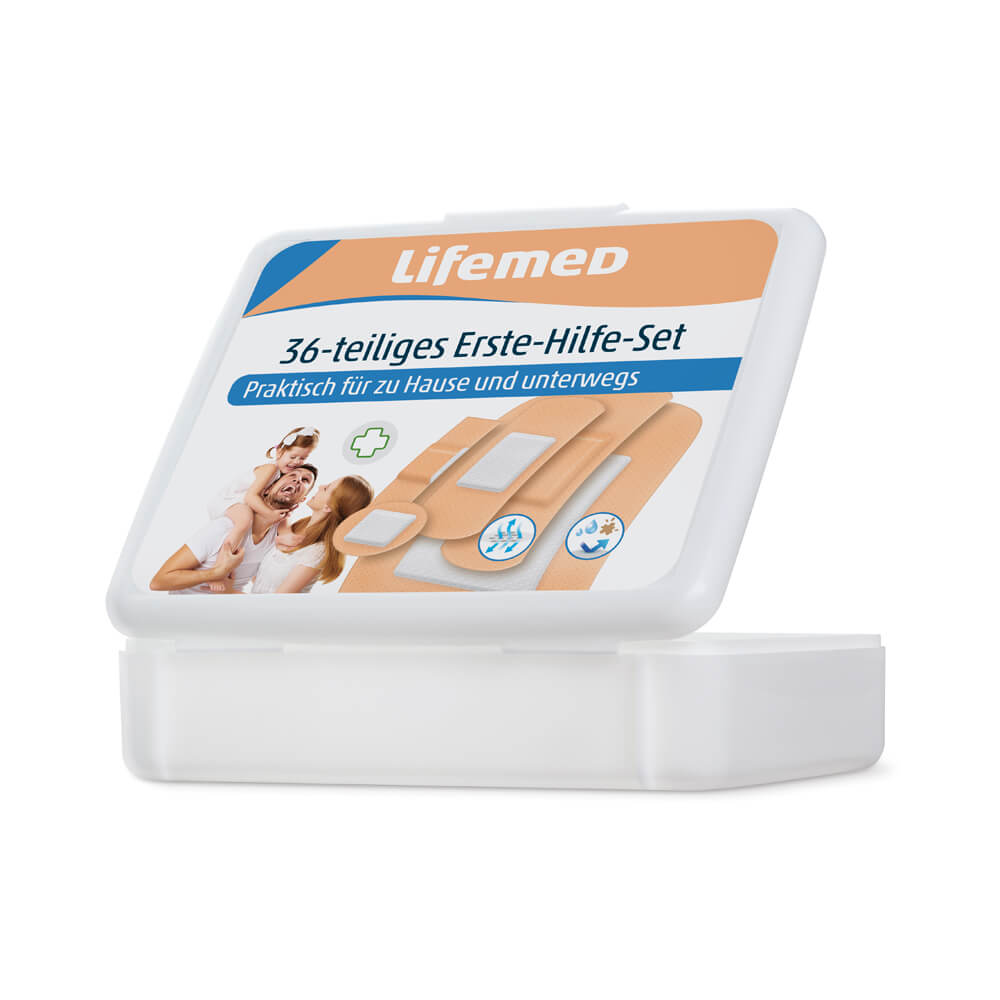 Lifemed® Erste-Hilfe-Set, 36-teiliges Pflaster-Set, flache Dose mit Aufdruck