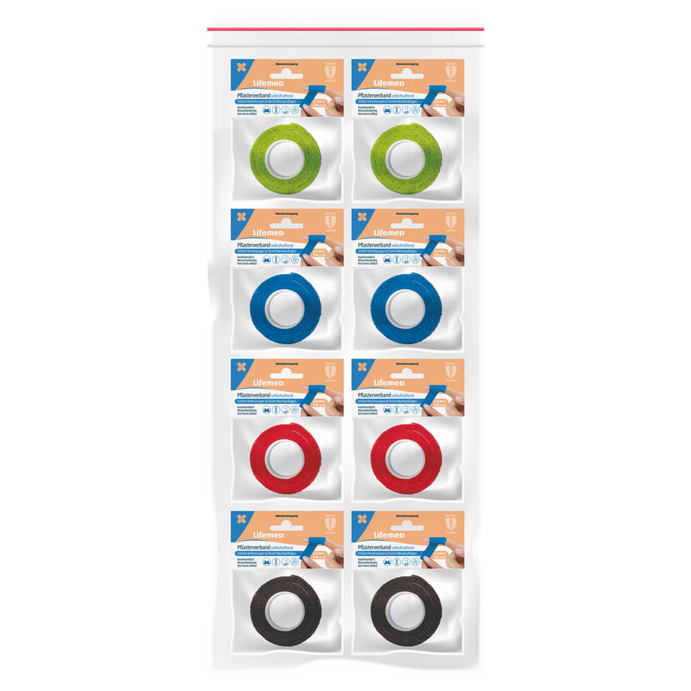 Selbsthaftender Pflasterverband-Set in Grün, Blau, Rot und Schwarz, Lifemed®