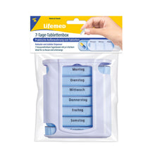 7-Tage-Tablettenbox von Lifemed mit blauem Einsatz und Wochentagen, weiß-blau