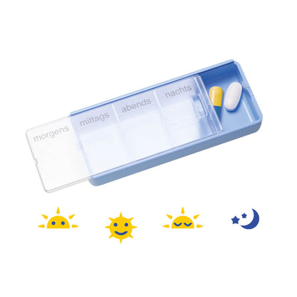 Blaues Tablettenbox-Set mit Tagesfächern: morgens, mittags, abends