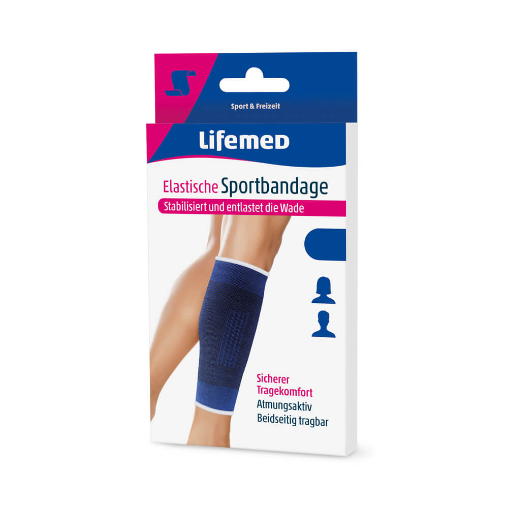 Elastische Sportbandage für die Wade, blau, Lifemed® Packung, Größen S–XL