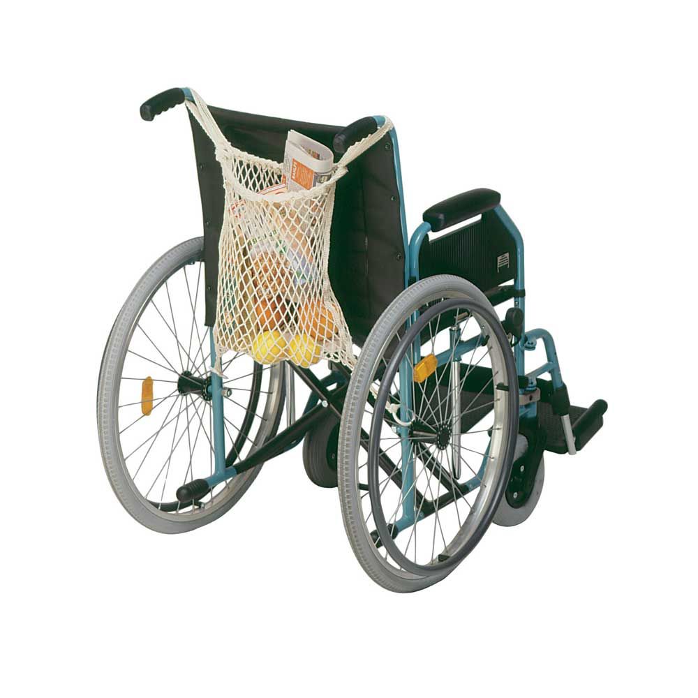 Behrend Rollstuhlnetz mit weißem Netzbeutel, angebracht an der Rückenlehne