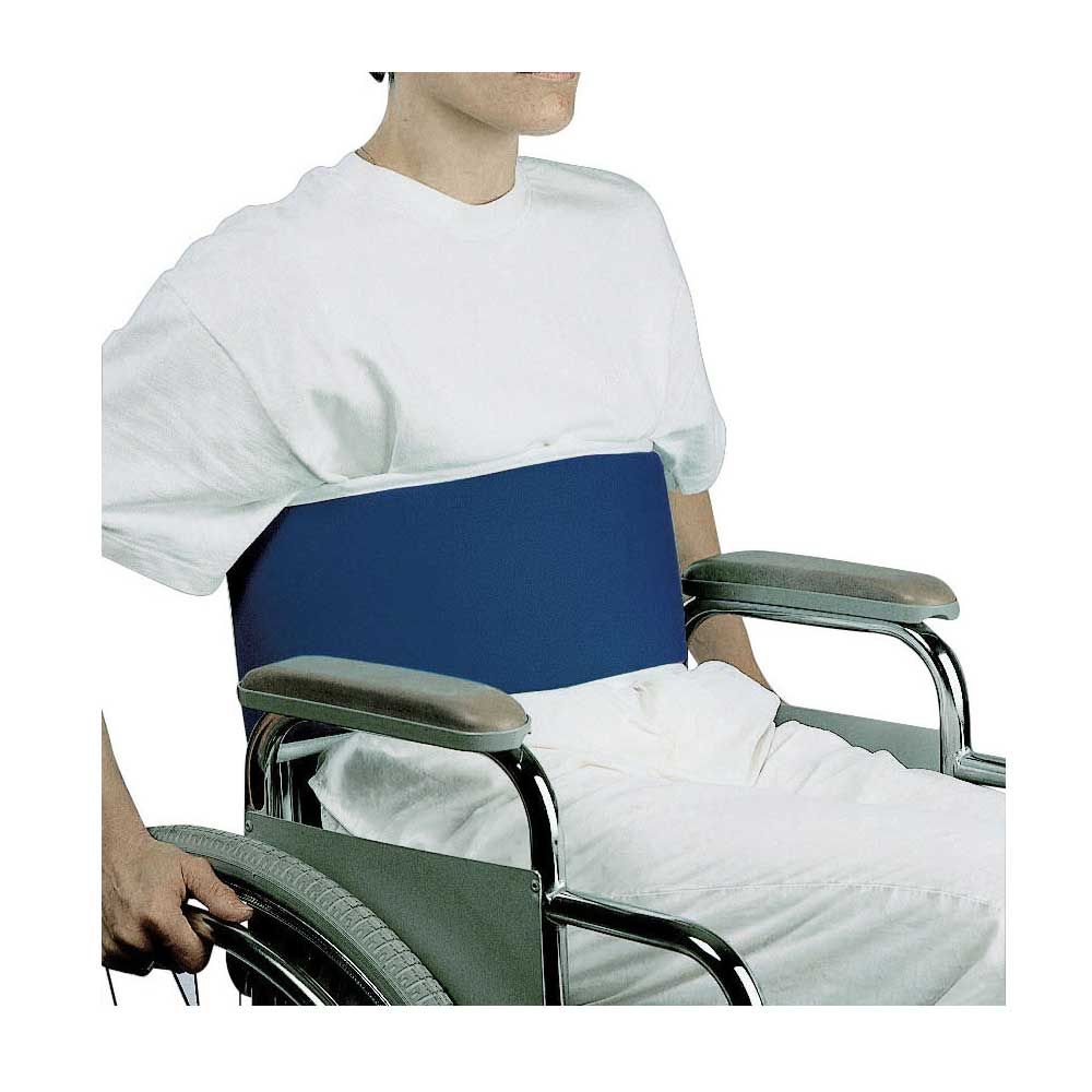 Bauchgurt für Rollstühle, blaues Polster über dem Bauch mit Klettverschluss, S–L