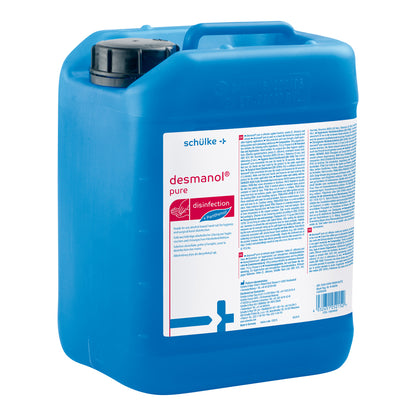 Händedesinfektionsmittel desmanol® pure, blauer Kanister mit Etikett und Barcode