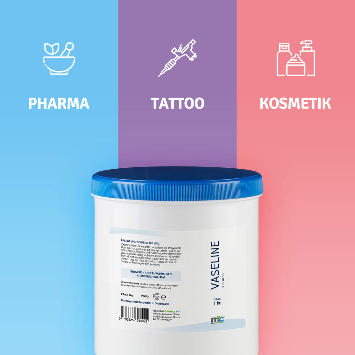 Vaseline Dose 1 kg mit blauem Deckel, weiße Salbe