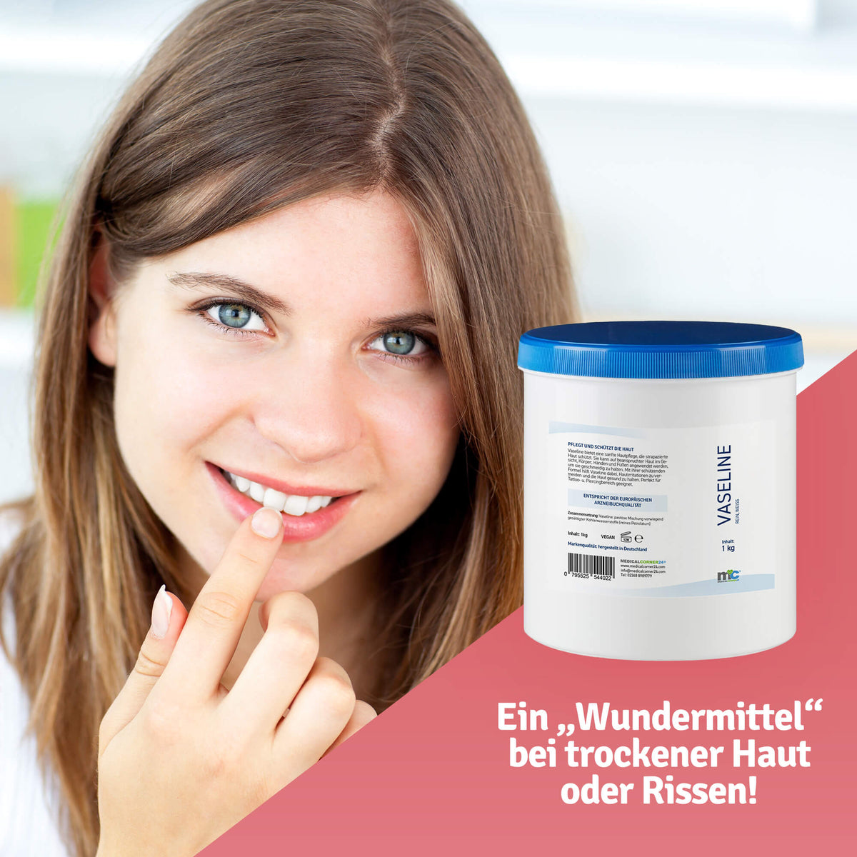 Vaseline 1-kg Dose mit blauem Deckel, Anwendung auf der Haut per Finger