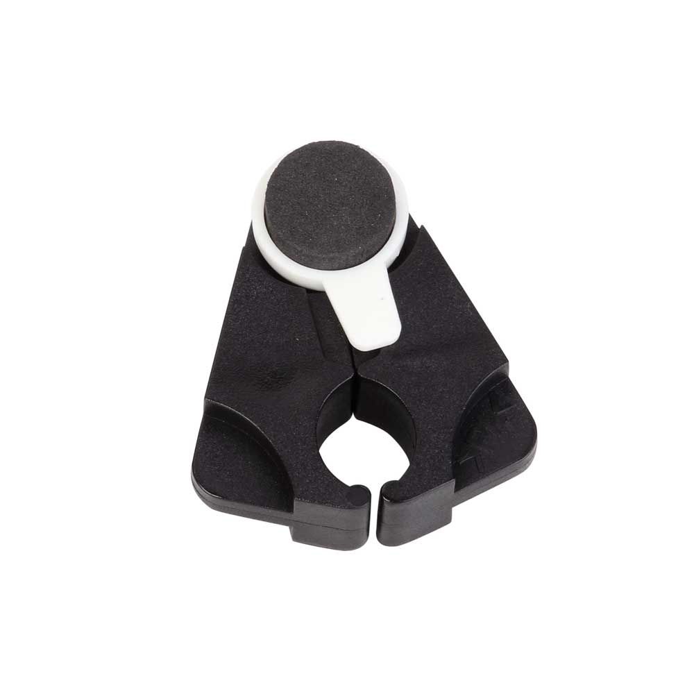 Behrend Stockhalter aus schwarzem Kunststoff mit runder Haltefläche und weißem Einsatz