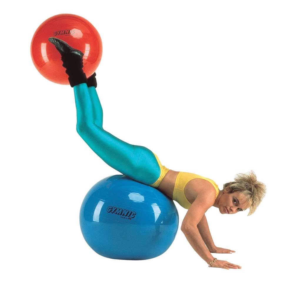 Gymnastikball-Set: blauer Ball mit „GYMNOS“-Aufdruck, türkisfarbenes Rohr, orangefarbene Kappe