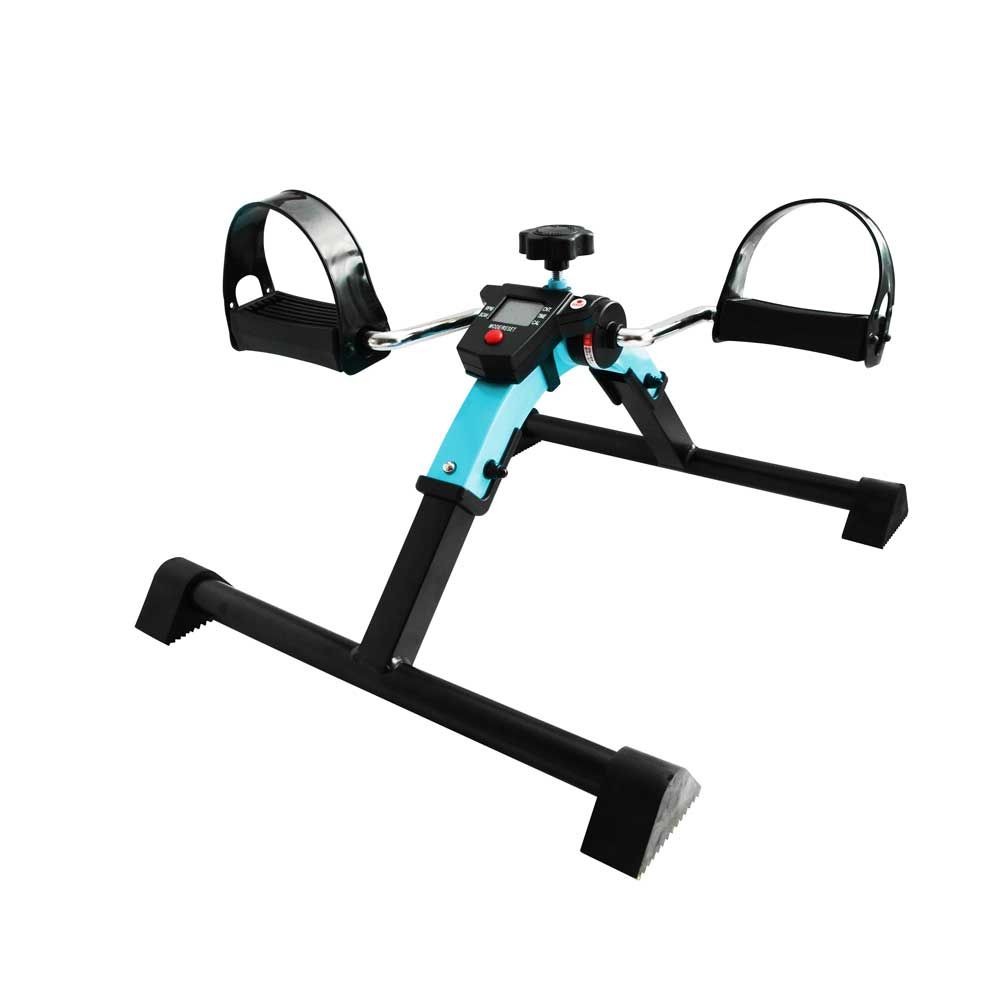 Einstellbarer Bewegungstrainer mit Display und klappbarem Gestell, blaues Rahmenprofil