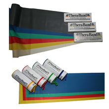 Thera-Band Übungsband aus Naturlatex, mehrfarbige Bänder mit Aufdruck, gerollt