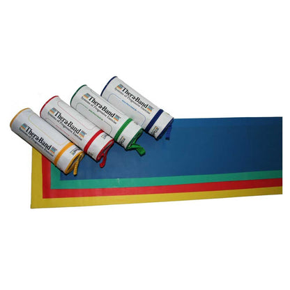 Thera-Band Übungsbänder Naturlatex, mehrere gerollte Bänder in Blau, Gelb, Grün, Rot