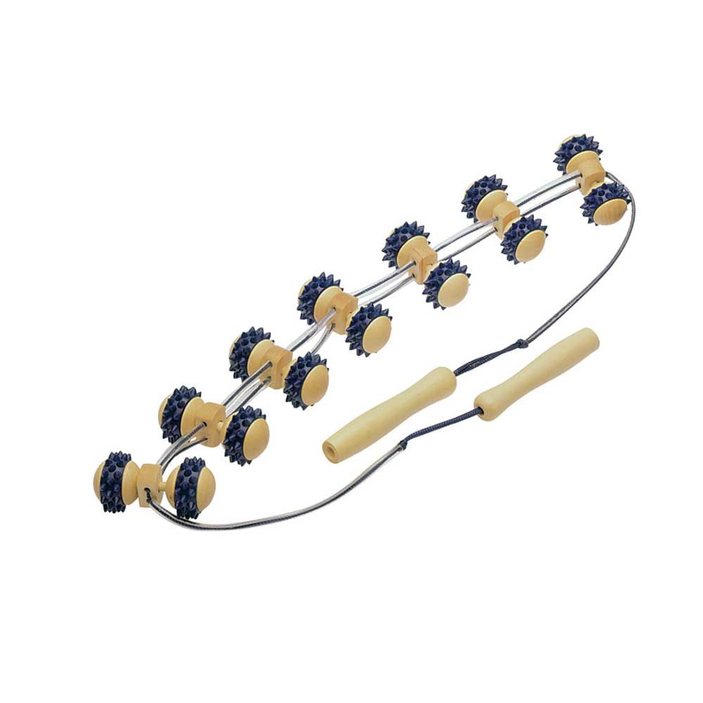 Behrend Rücken-Massage-Rollband aus Holz mit 14 Noppenrollen und blauem Griffband