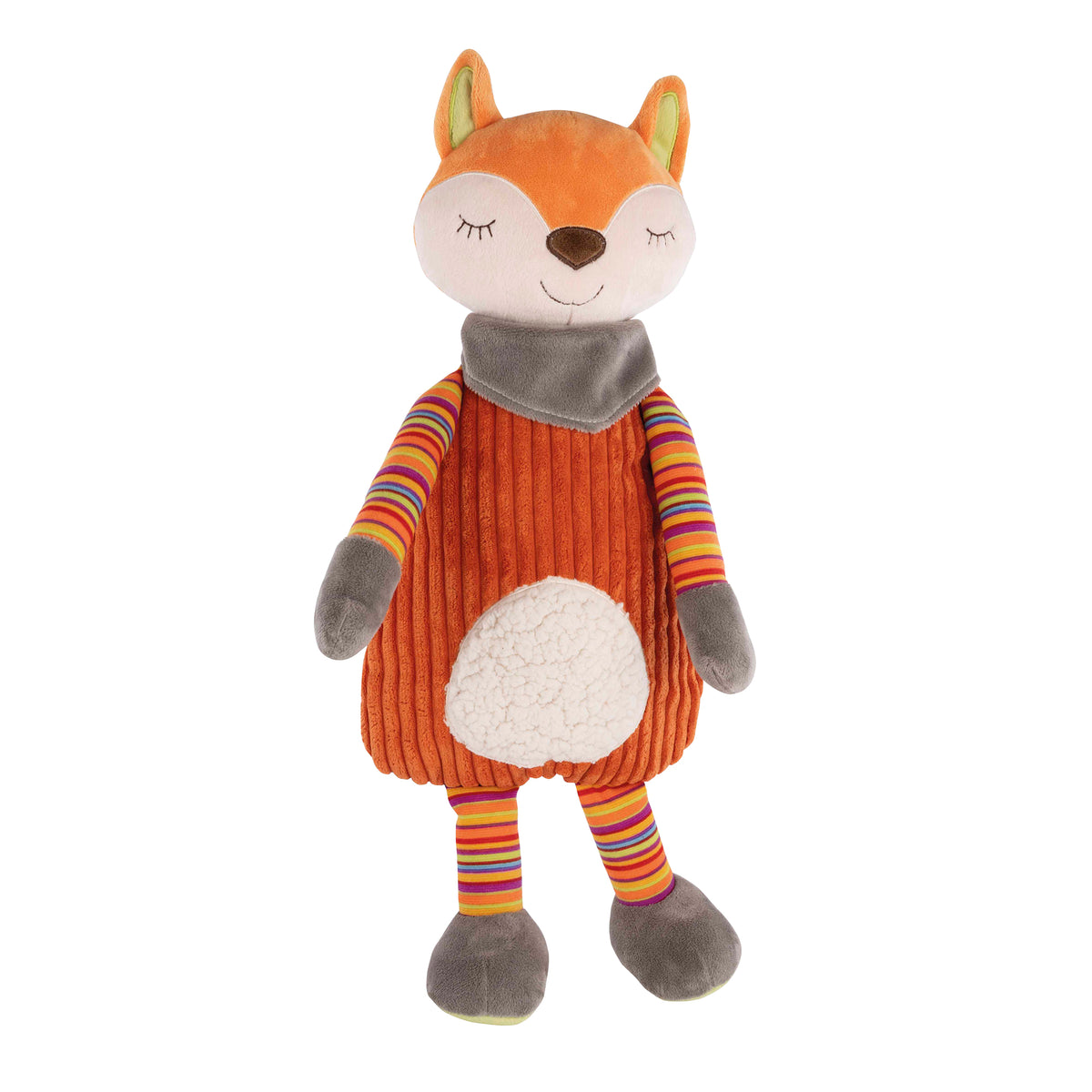 Plüsch-Wärmflaschenbezug: Fuchs mit orange-braunem Kleid, grauem Schal und Ringel-Beinen