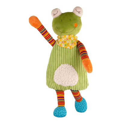 Plüsch-Wärmflaschenbezug: Frosch mit grünem Kleid, gelb gemustertem Gürtel und Ringel-Beinen