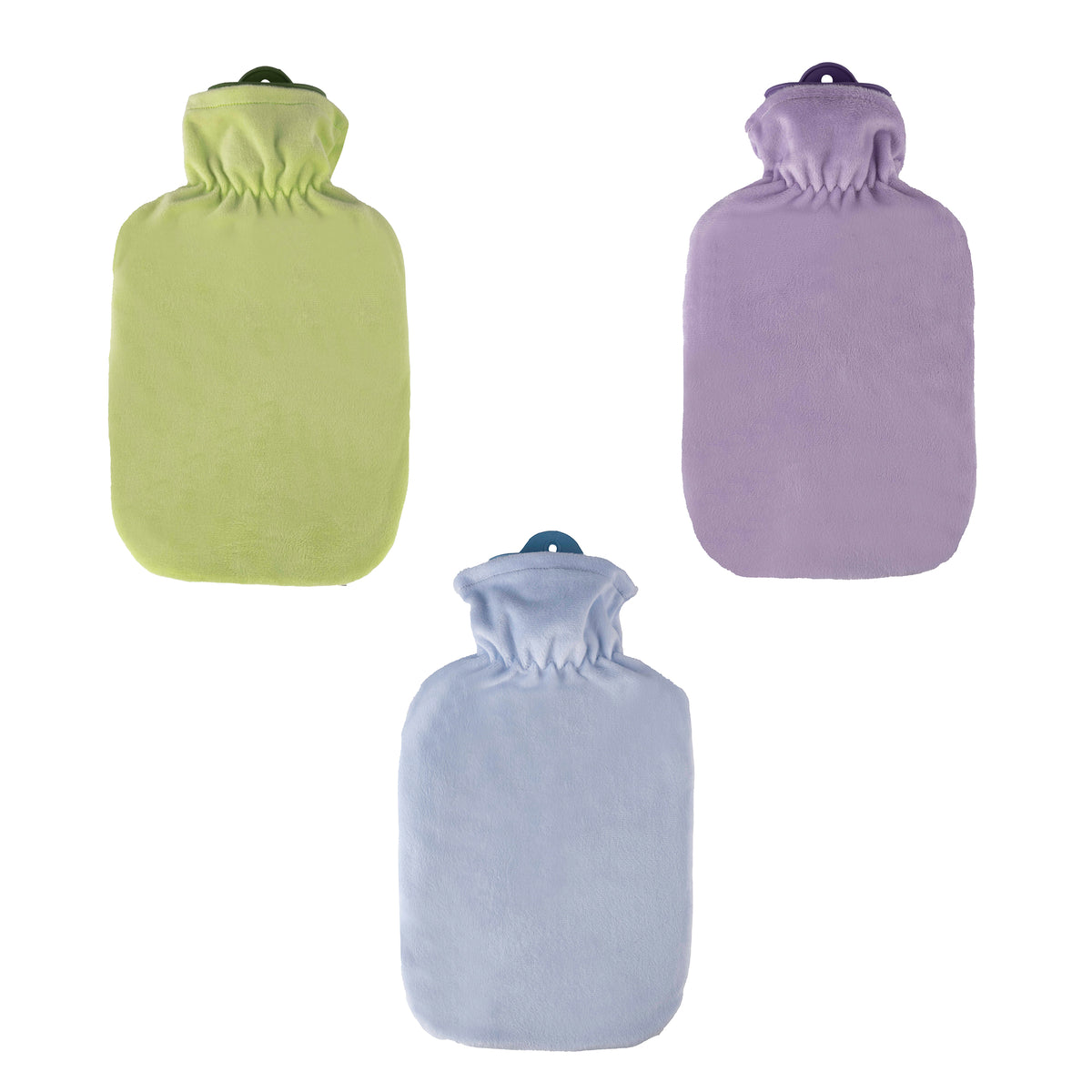 Wärmflasche mit Flauschbezug in Pastellfarben: grün, lila und hellblau