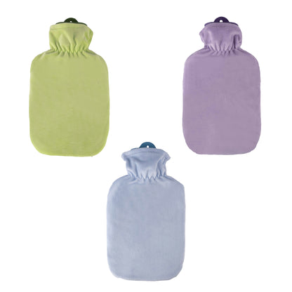 Wärmflasche mit Flauschbezug in Pastellfarben: grün, lila und hellblau
