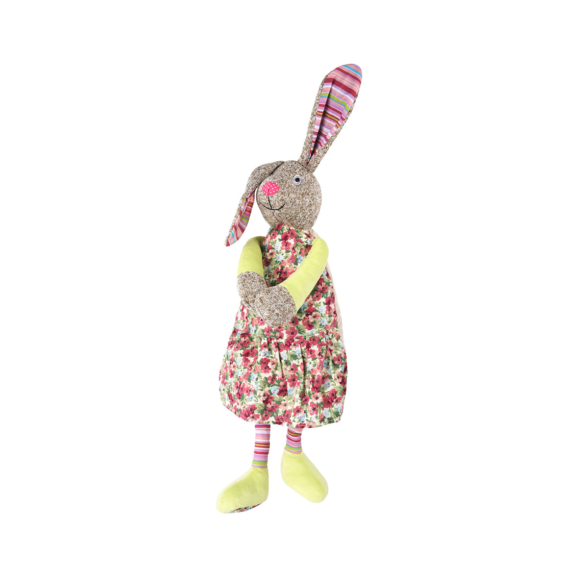 Plüsch-Wärmflaschenbezug Hase mit buntem Kleid, langen Ohren und farbigen Strickbeinen
