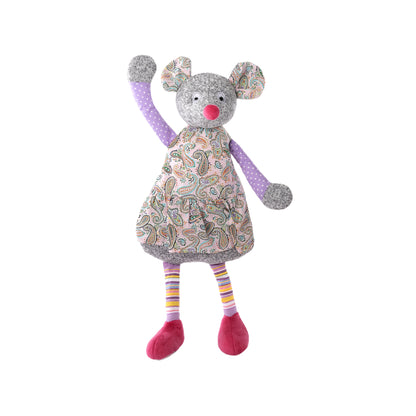 Plüsch-Wärmflaschenbezug Maus mit Paisley-Kleid, langen lila gepunkteten Ärmeln und rosa Schuhen