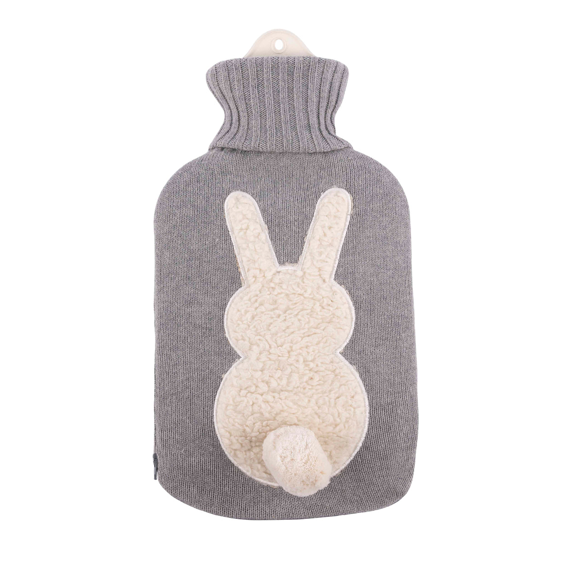 2-L-Wärmflasche mit grauem Strickbezug und Hasenmotiv