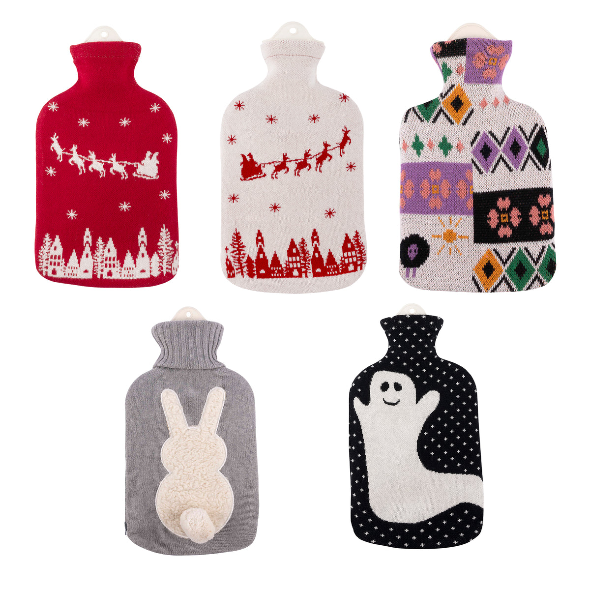 2-L-Wärmflasche mit Strickbezug aus Baumwolle, mehrere Wintermuster