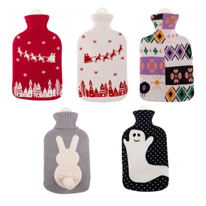2-L-Wärmflasche mit Strickbezug aus Baumwolle, mehrere Wintermuster