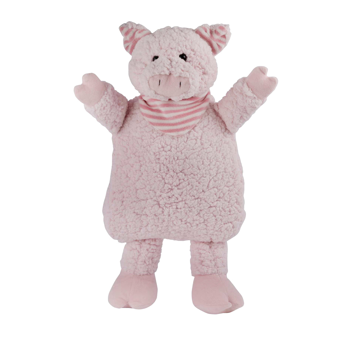 Plüsch-Wärmflaschenbezug Schwein in Rosa mit gestreifter Schleife um den Hals