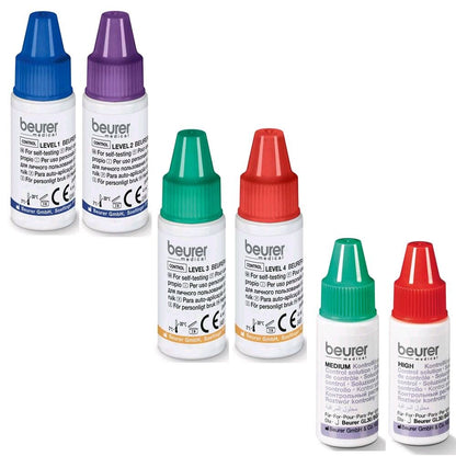 Beurer Kontrolllösung: 4 Fläschchen mit blauer, violetter, grüner und roter Kappe